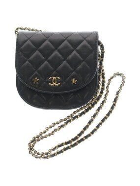 Chanel CC Logo Half Moon Flap Chain Shoulder Bag Black Caviar Leather Gold